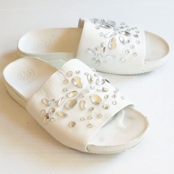 Tory Burch Brae Rhinestone Leather Slide Sandals 7 White - Picture 1 of 14